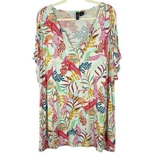 Cynthia Rowley Woman Tropical Leaf Print V-Neck Short Sleeve Knit 2X Tunic Top